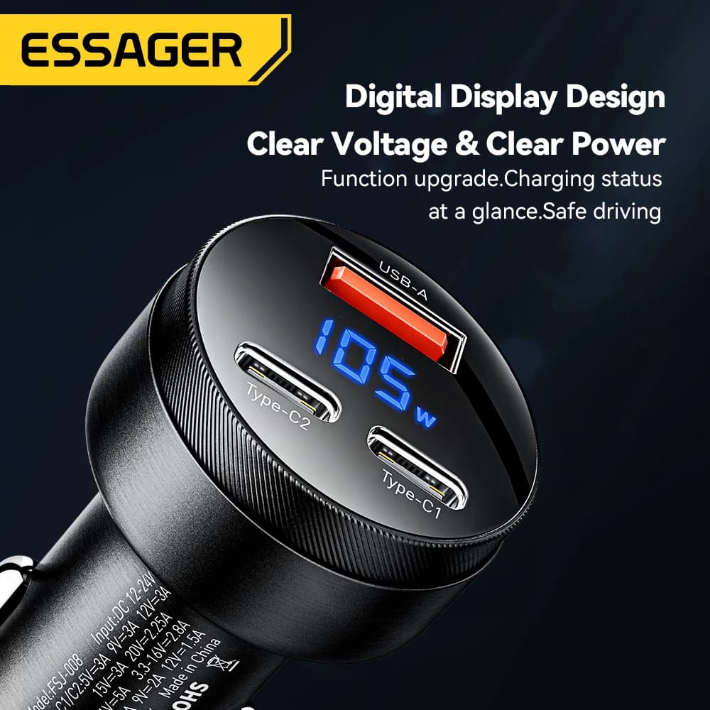 Essager 105W Digital Display Fast Car Charger - Image 4